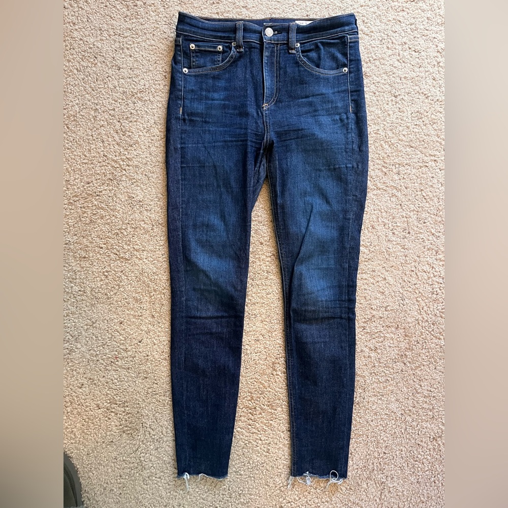 Rag & Bone 10 inch High Waist Ankle Skinny Jeans, Dark Blue, Raw Hem, size 26